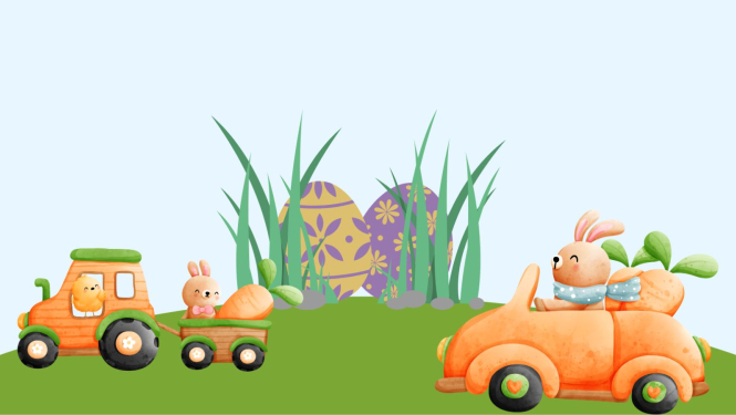 Lieldienu zaķis ved olas ar traktoru un ar auto - Priecīgas Lieldienas!