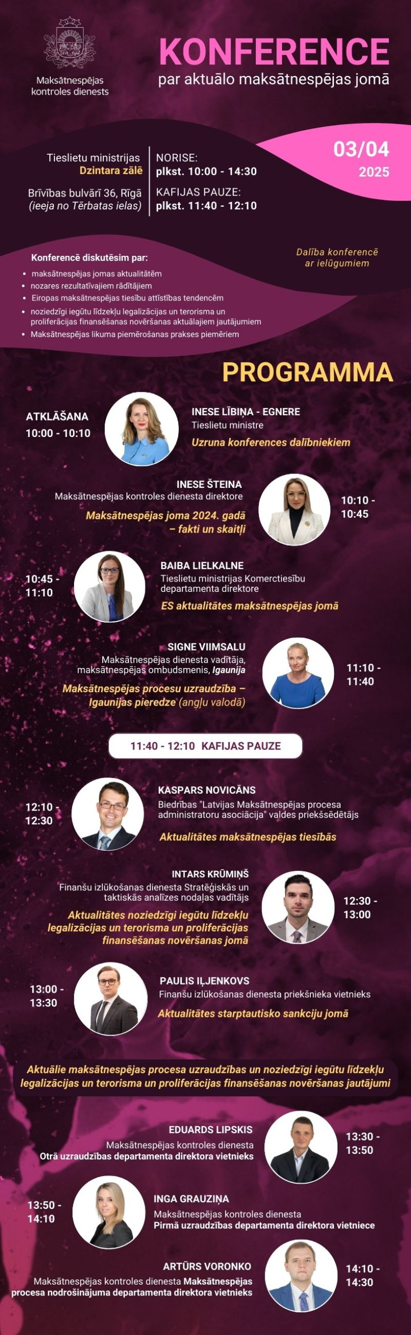 konferences programma ar dalībnieku attēliem un diskutējamajām tēmām