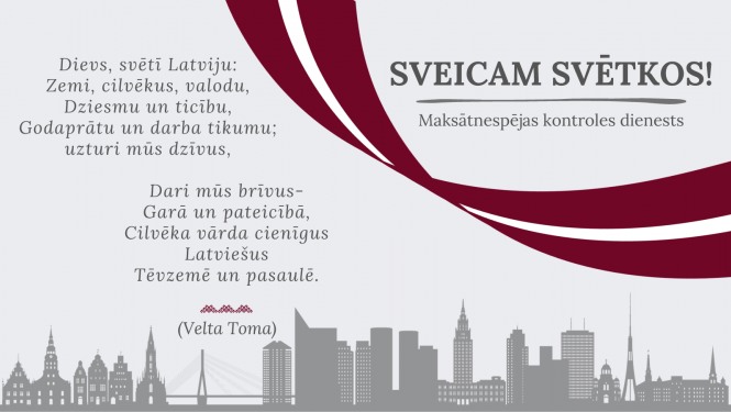 Dzejas rindas uz pelēka fona ar plīvojošu Latvijas karogu sānā.