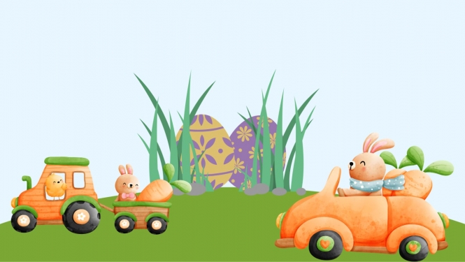 Lieldienu zaķis ved olas ar traktoru un ar auto - Priecīgas Lieldienas!