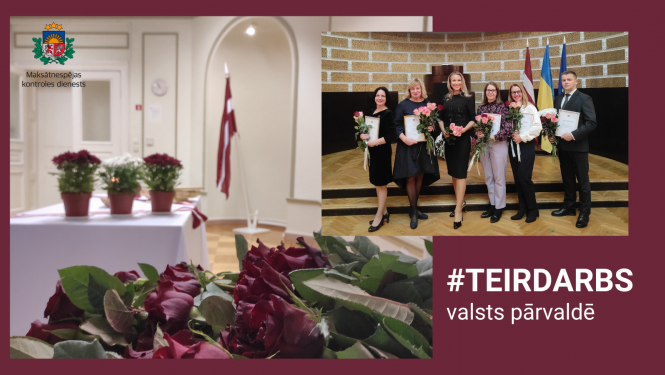 Valsts svētku svinību vieta ar latvijas karogu un ziediem. Apbalvotie MKD darbinieki ar Atzinības rakstu un ziediem rokās..