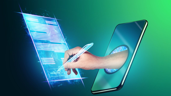 Roka, kas izstiepta no tlefona ekrāna parakstās priekšā esošajā planšetē - simbolizē elektroniskos autentifikācijas rīkus.