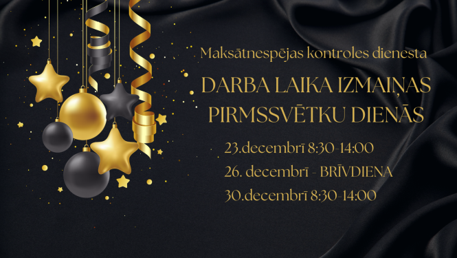 Uz melna svinīga auduma zelta un melni svētku rotājumi ar tekstu par darba laiku Ziemassvētkos un Jaunajā gadā.