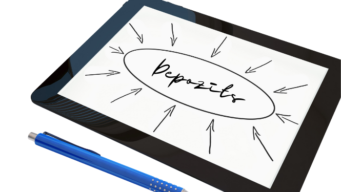 Planšete, kuras ekrānā redzamas vairākas bultas izskārtotas virzienā uz centru, centrā aplis ar uzrakstu depozīts.alvu