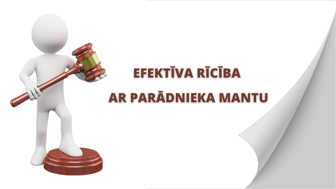 Balta plastilīna cilvēka figūra tur rokā tiesneša āmuru ilustrējot informatīvo materiālu par efektīvu rīcību ar parādnieka mantu