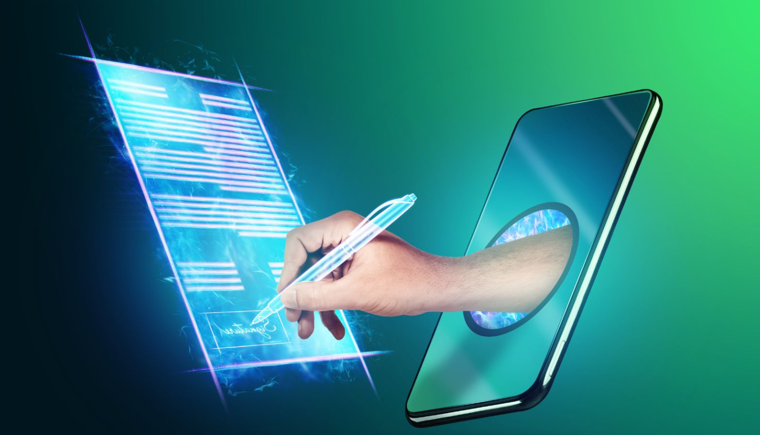 Roka, kas izstiepta no tlefona ekrāna parakstās priekšā esošajā planšetē - simbolizē elektroniskos autentifikācijas rīkus.