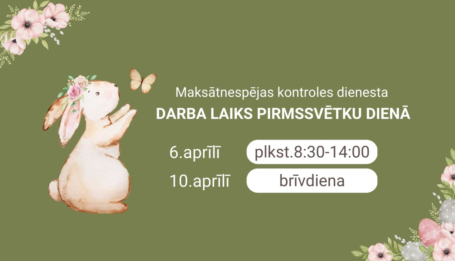 Zaķītis apbrīno pavasara taurenīti - apkārt ziedi. Tekstā MKD ziņo par darba laiku 2023.gada Lieldienās.