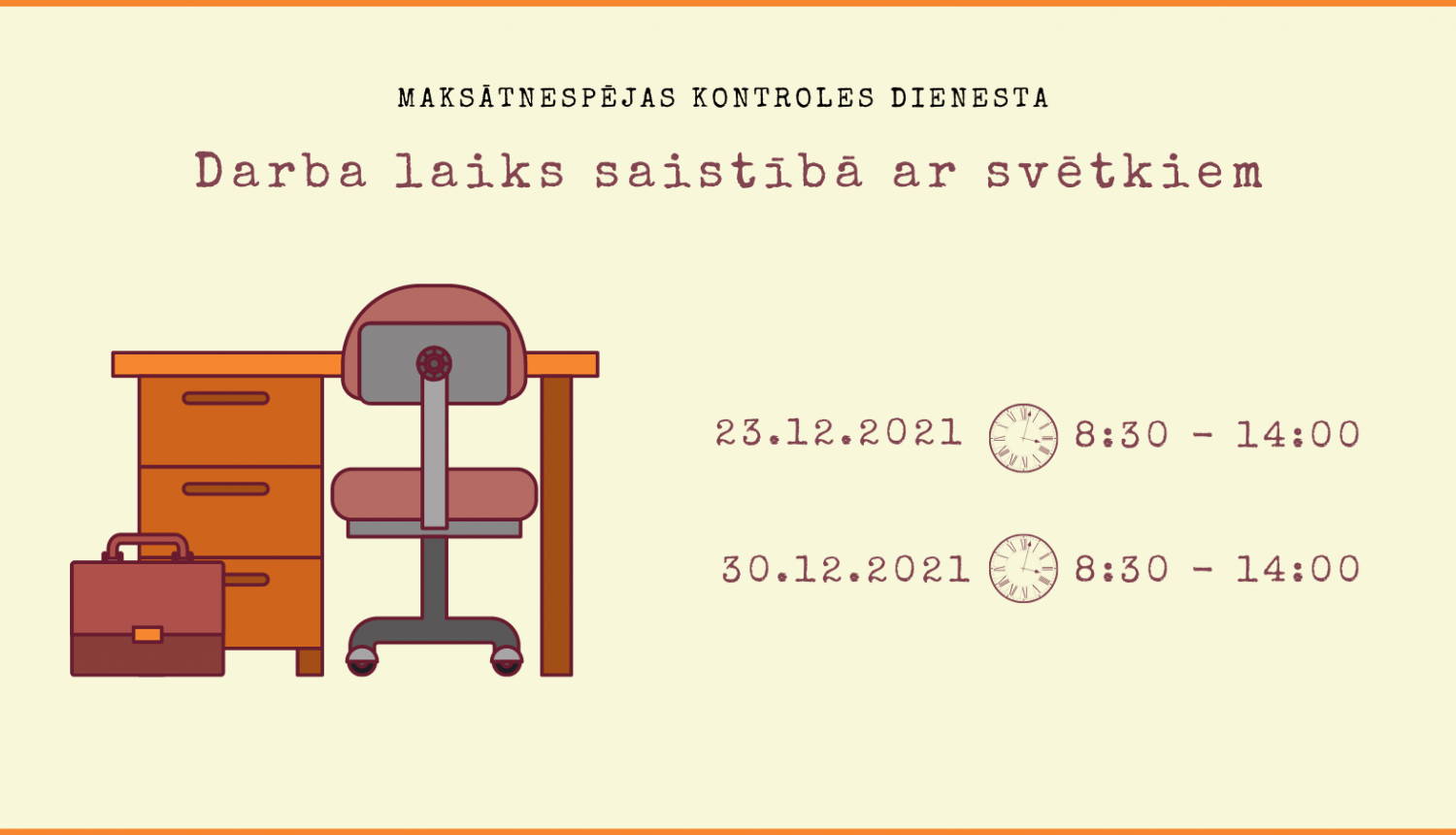Biroja galds, krēsls, portfelis un darba laiks
